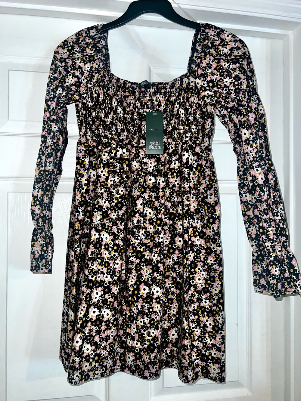 NWTs Wild Fable Floral Smocked Long Sleeve Mini Dress - Black & Pink